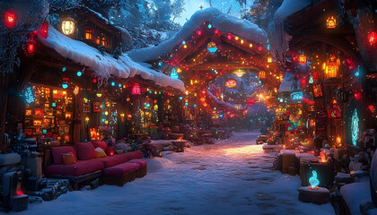 Enchanted winter village at night with colorful lights and snow