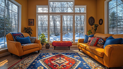 Sunlit living room interior with snow view cozy sofas and colorful rug