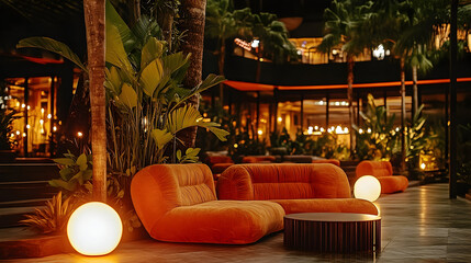 Tropical courtyard night scene with orange couches and ambient lighting