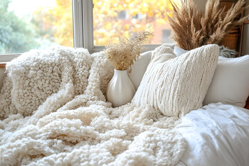 Cozy knitted blankets and pillows on bed by window autumn view