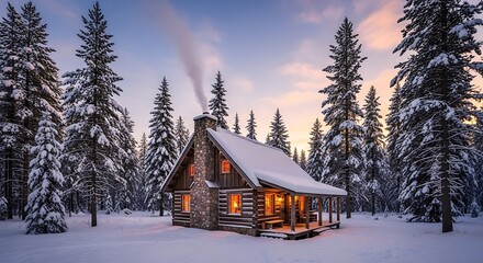 Cozy log cabin nestled in a snow-covered evergreen forest at dusk, with warm light glowing from windows.