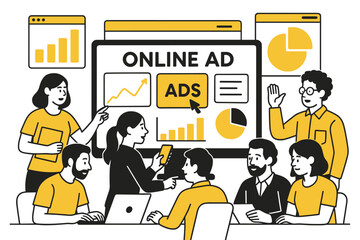 Naklejka premium Flat style digital advertising team analyzing campaign data and metrics