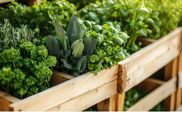 Fresh herbs in wooden crates vibrant green vegetables for culinary use