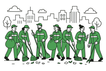 Urban cleanup crew in minimalistic style