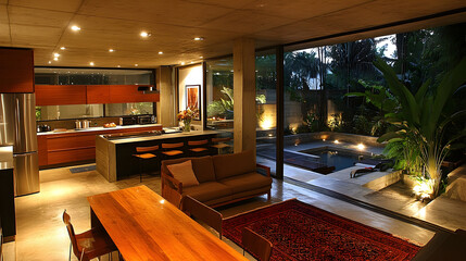 Modern house interior with open plan kitchen and pool view