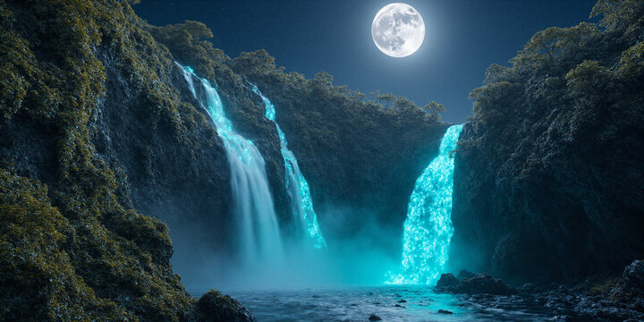 Magical Night Landscape with Bioluminescent Waterfalls and Full Moon - Powered by Adobe