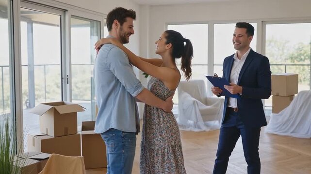 Happy young couple hugging in their new empty home with boxes, celebrating the purchase with their smiling real estate agent.