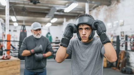 Focused latino teenage boxer in black headgear holds a tight guard in a gritty boxing gym, older bearded coach with gloves blurred behind under fluorescent lights, concept of mentorship in sport