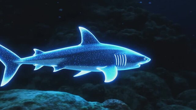 Digital glowing blue shark hologram swimming in dark water, representing technology, virtual reality, and ocean data.