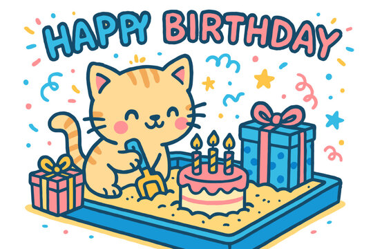 Cute cat celebrating birthday with cake and presents in sandbox