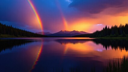 Vibrant Double Rainbow Over a Serene Mountain Lake at Sunset.