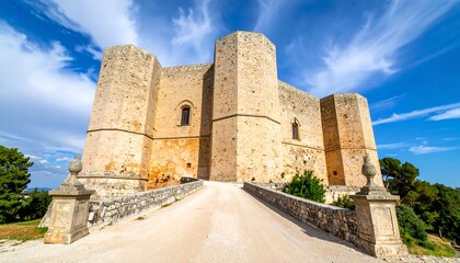 A stone castle with octagonal towers and a drawbridge, bathed in sunlight against a clear blue sky with puffy clouds. The path leading to the castle is open
