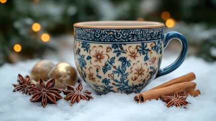 Decorative Christmas mug with spices on snowy background