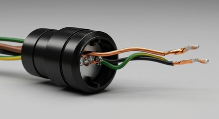 Close up of a black electrical component with exposed wires