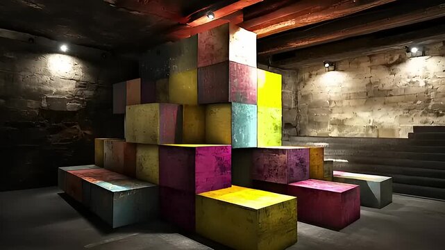 Abstract Composition: Multicolored Cubes Installation in a Stone Chamber Interior