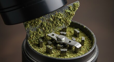 Close up of a black herb grinder with green plant matter inside