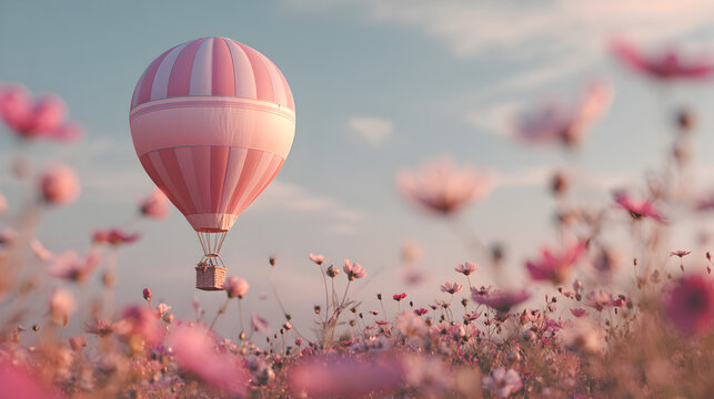 globo aerostatico sobre un cielo azul y un campo de flores rosas pastel al aire libre para dise&ntilde;o o tarjeta de invitacion con espacio de copia 