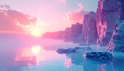 Pastel-colored coastal scene with rocky cliffs and calm water at sunset