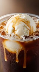 Delicious Ice Cream Float with Caramel Drizzle in a Clear Cup.