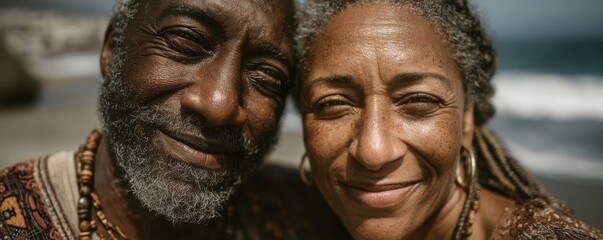 Joyful senior couple enjoying a sunny day by the ocean together