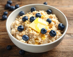 Oatmeal with blueberries and a pat of butter, served in a white bowl