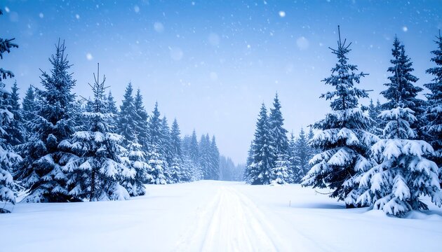 A snow-covered path winds through a serene forest of evergreen trees under a pale blue sky. Delicate snowflakes gently fall, creating a winter wonderland