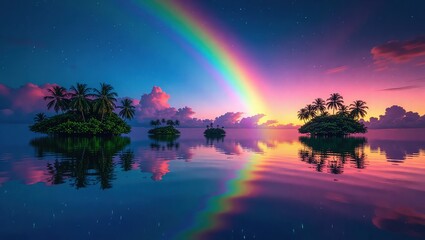 Naklejka premium Vibrant Rainbow Arches Over Tropical Islands at Sunset.