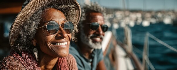 Happy couple enjoying a sunny day on a boat near the marina