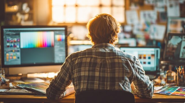 Rear view of a graphic designer or creative professional working on dual computer monitors in a brightly lit studio or home office. The image highlights digital art, color editing, freelance work