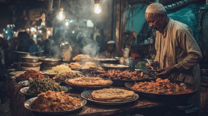 Vibrant street food stall with chef serving delicious, authentic dishes in a bustling market