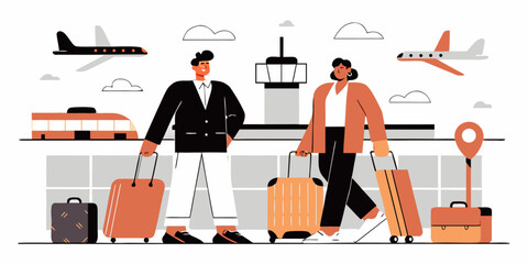 Business Travel Illustration: Diverse Business Professionals Traveling with Luggage, Representing Global Commerce, Airport Lifestyle, and Modern Transportation