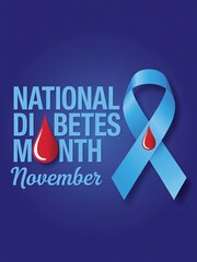 National Diabetes Month of November Graphic with Blue Ribbon and Blood Drop Symbol on Purple Background for Health Awareness Campaign

