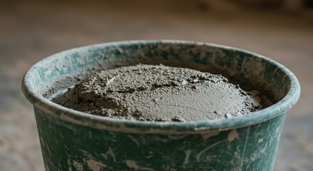 Close up of a bucket filled with wet cement construction materials