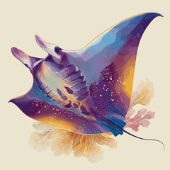 Colorful manta ray swimming gracefully with floral background  