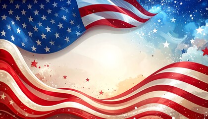 Patriotic background featuring an American flag with stars and stripes, blue sky