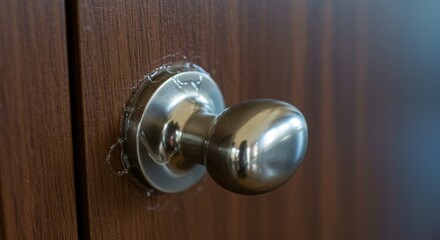 Obraz premium Close up of a chrome doorknob on a wooden door interior detail