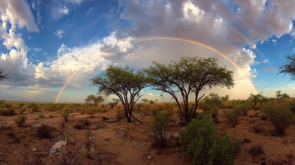 Breathtaking rainbow over arid landscape with sparse vegetation and dramatic cloud formation