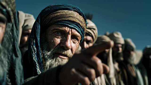 Ancient man with a beard and turban stares intently, then points a finger forcefully, and continues pointing in a crowd, biblical times footage.