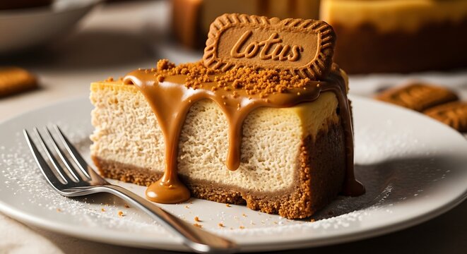 Delicious Lotus Biscoff Cheesecake Slice with Caramel Drizzle and Cookie Topping.