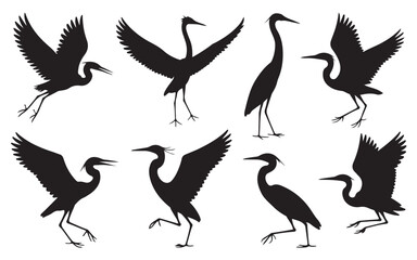 Collection of eight silhouettes of elegant herons in various dynamic poses silhouette