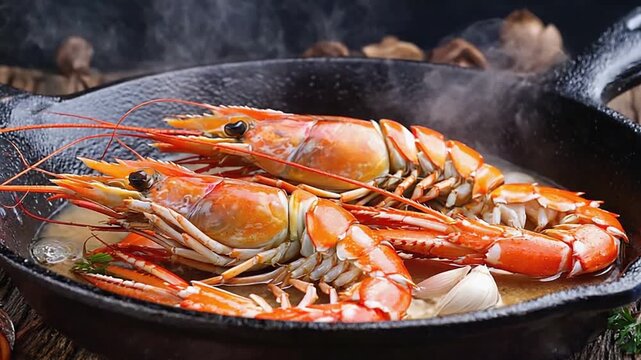 Freshly cooked shrimp in a sizzling cast iron skillet, garnished with herbs and garlic, creating an appetizing culinary scene with steam rising