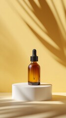 Naklejka premium Amber glass dropper bottle on white pedestal against yellow background, casting palm leaf shadows. Minimalist beauty product photography.