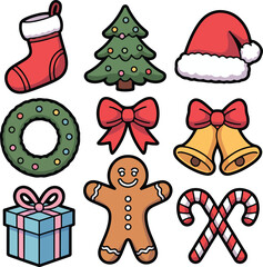 Collection of christmas icons including tree stocking gift bells bows wreath gingerbread candy cane silhouette