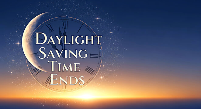 Crescent moon and clock face with daylight saving time ends text image