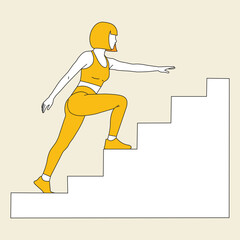 Creative design vector art of woman in yellow sportswear climbing stairs, symbolizing fitness and progress