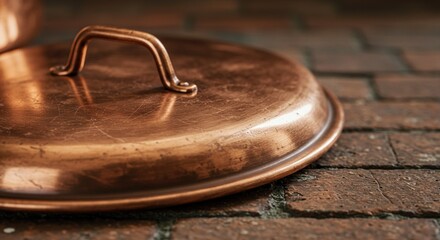 Close up of a copper pot lid with handle on brick surface