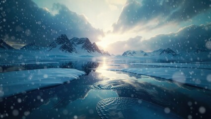 Winter Landscape with Snowfall and Sun Rays.