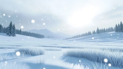 Winter Landscape with Snowfall and Frozen River.