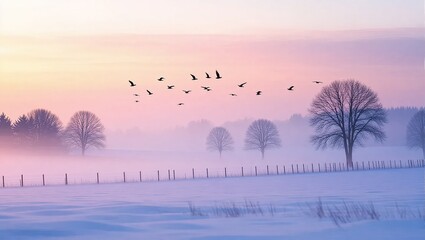 Winter Morning Landscape with Flying Birds and Misty Fields.