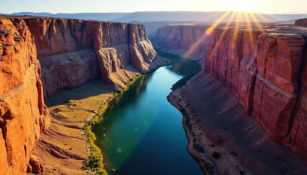 Majestic Aerial View of the Grand Canyon Colorado River Cutting Through Sandstone Cliffs, Bathed in Sunlight